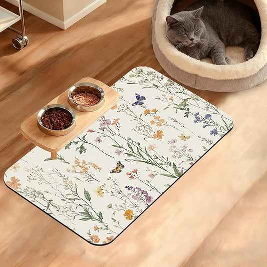 Wildflowers Butterfly Dog Cat Food Mat,Plants Absorbent Waterproof Placemat for Food and Water Non Slip Rubber Backing Durable Feeding Pad for Clean Floors 12" x 20"