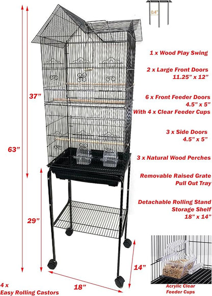 63" Roof Top Canary Parakeet Cockatiel Lovebird Finch Roof Top Bird Parrot Home Cage Side Nesting Box Doors with Removable Rolling Stand