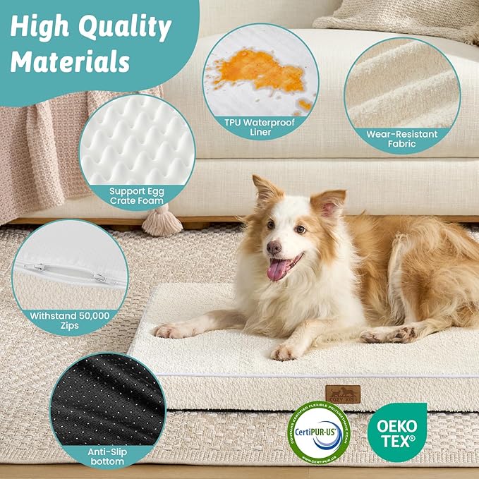 Dog Crate Bed for Small Size Dogs, Rectangular Orthopedic Cat Beds, Foam Anti-Slip Bottom Pet Mat with Washable Removable Cover, Suitable for Pet Up to 30 lbs, 24x16x3 inch, Beige