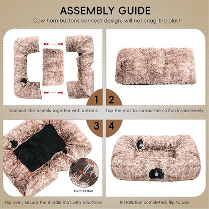 Extra Large Cat Tunnel Bed, 4 Ways Tunnels for Indoor Cats, Multi-cat Family Pet Bed & Cave, Plush Cat Donut with Washable Middle Mat, Exit Balls, Pet Play Toy for Kitten Puppy Rabbit, Brown