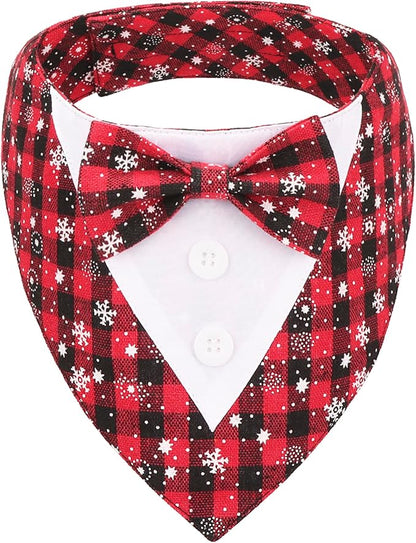 ADOGGYGO Christmas Dog Tuxedo Bandana, Red Plaid Pet Chritstmas Tux with Bowtie Adjustable Christmas Formal Costume for Extra Large Dogs Pets (XL)