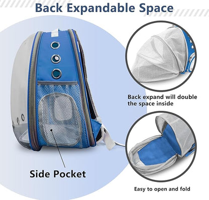 Cat Backpack Carrier Back Expandable Bubble Pet Carrier Backpack for Large Cat, Kitten and Dog, Designed for Hiking, Travelling and Outdoor Use (Back Expandable-Blue)