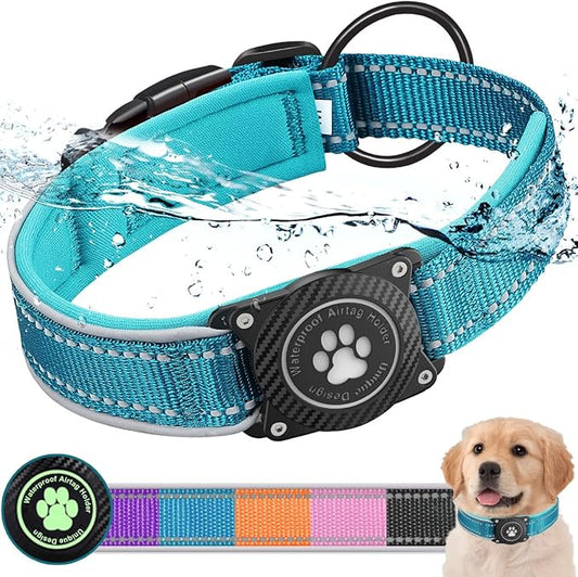 Airtag Dog Collar with Waterproof Air Tag Holder, Luminous Reflective, Soft Padded, Adjustable Nylon Pet Collar for Small Medium Large Heavy Duty Dogs,Blue, XL