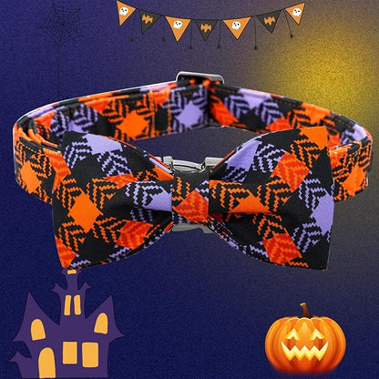 Halloween Dog Collar, Pet Collar Bow Plaid Collars Girl Boy Holiday Pet Collars Gift Bow Dog Collar Cute Soft Puppy Collar for Small Dogs