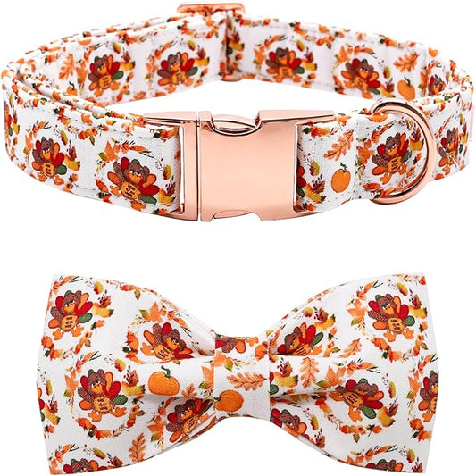 Dog Collar - Thanksgiving Turkey Pet Collar Bowtie Gift Cotton Cute Bow Collar Adjustable Metal Buckle Soft Puppy Collars for Large Dogs