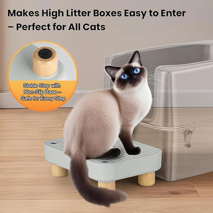 Litter Box Step, Litter Box Ramp/Catcher with Wooden Base, Anti-Tracking & Easy to Clean, Ideal for Small & Elderly Cats (Grey)