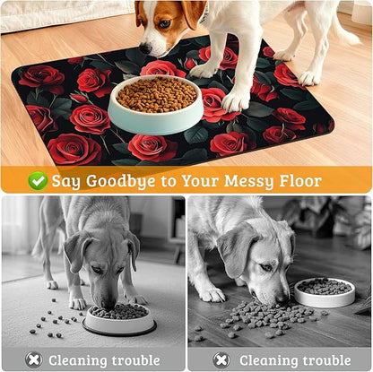 Retro Rose Feeding Mat,Green Leaf Absorbent Quick-Dry Cat Dog Food and Water Bowl Mats,Non-Slip Rubber Backing Mat,Cat Dog Accessories Supplies 16" x 24"