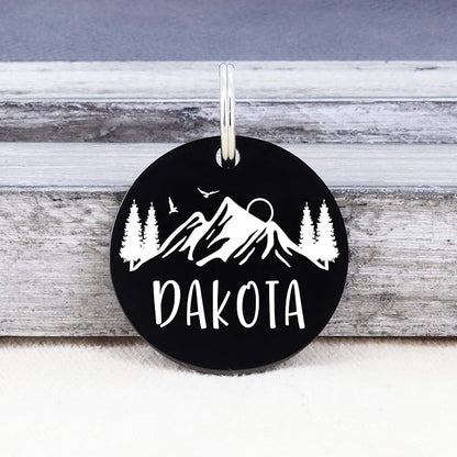 Ultra Joys Stainless Steel Pet ID Tag Dog Name Tags Personalized Front & Back Engraving, Customized Dog Tags and Cat Tags, Optional Engraved on Both Sides, Round Tag with Mountain on Top Design, Large