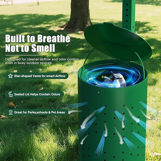 Dog Poop Trash Can Outside for HOA Communities, Durable Rust Proof Aluminum Dog Waste Station – 10 Gallon Outdoor Trash Can with Lid & Reflective Sign for Yard, Dog Park