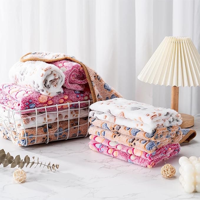 1 Pack 3 Blankets Super Soft Fluffy Premium Fleece Pet Blanket Flannel Paw Printed Throw for Dog Puppy Cat (Large 41x31'', White, Pink, Blue)