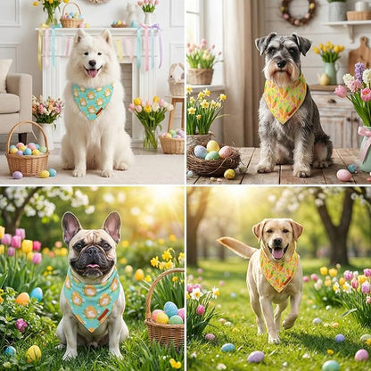 ADOGGYGO Easter Dog Bandana 2 Pack, Bunny Egg Carrot Print Pet Scarf Bib, Adjustable Fit Green Yellow Easter Bandanas for Medium Large Dogs (Large)