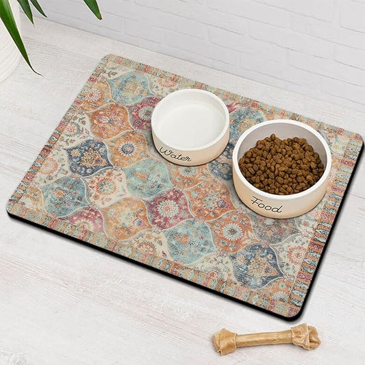 Moroccan Trellis Dog Food & Water Mat, Mexican Talavera Boho Colorful Pet Feeding Mat for Floor Non-Slip Waterproof, Super Absorbent Cat Bowl Mat, Easy to Clean Durable Pet Placemat,24" × 32"