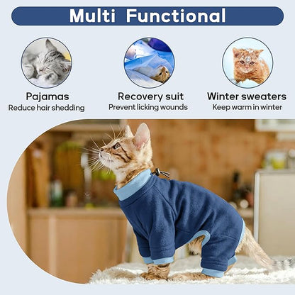 PUMYPOREITY Cat Recovery Suit, Stops Wound Licking After Surgery, Sticky Hair Shirt with Sticky Fabric, Cat Pajamas Prevents Over-Grooming, Blue, XS