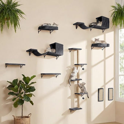 MEWANG 5-in-1 Cat Wall Shelves: Cat Climbing Furniture with Wall Mounted Perch & Lounge for Indoor Cats, Space-Saving Wall Pet Shelves for Play & Rest - Grey