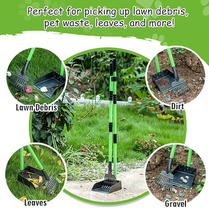 MXF Dog Pooer Scooper Set, 2 in 1 Pet Poop Scooper with Long Handle Dog Poop Picker Upper and Stainless Metal Tray & Rake for Medium & Small Dogs, Heavy Duty for Grass, Dirt, Gravel