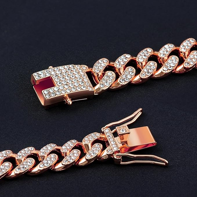 Cuban Link Dog Chain Collar Rose Gold Crystal Dog Necklace Metal with Design Secure Buckle Pet Collar Jewelry Accessories for Small Medium Large Dogs Cats(Rose Glod 24inch)