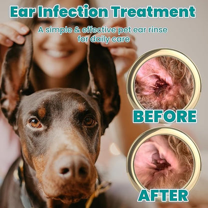 Dog Ear Cleaner, Dog Ear Care Liquid, Dog and Cat Ear Cleaner to Eliminates Ear Odour, Dirt and Debris Pet Ear Cleaner Solution,Remove Wax, Dirt & Stop Smelly, Itchy, Non-Irritating, 4 Fl oz