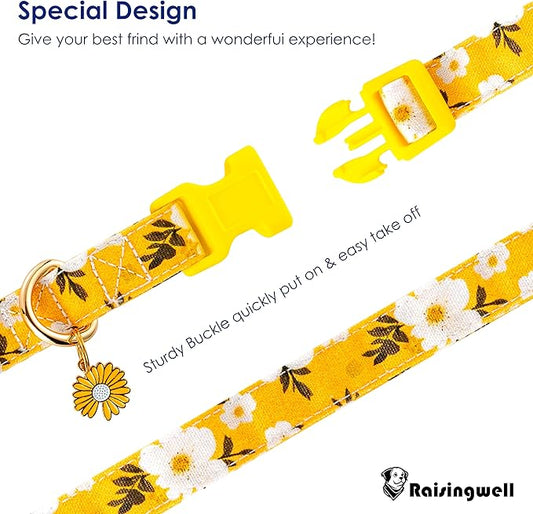 Cotton Dog Collar Yellow Flower Pattern for Boys and Girls Cute Dog Collars Summer Fall Gift Adjustable for Medium to Large Breed Dogs (M)