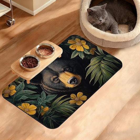 Brown Bear Dog Food Mat,Forest Absorbent Pet Feeding Mat for Food and Water Bowl,Quick Dry Dog Placemat Non Slip Rubber Backing Waterproof Pet Supplies 12" x 20"