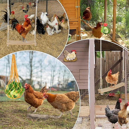 3PCS Chicken Toys for Coop Accessories,Chicken Swing, Vegetable Hanging Feeder,Chicken Veggies Skewer,Chicken Starter Kit for Chicken Coop,Run,Playground Must Haves
