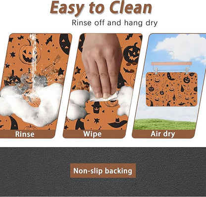 Halloween Dog Food Mat for Floors,Pumpkin Bat Absorbent Quick-Dry Pet Feeding Mat,Cat Dog Bowl Mats for Food and Water,Non-Slip Pet Accessories Supplies 12"x20"