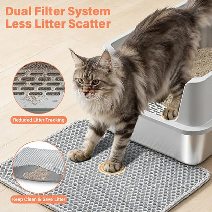 2PACK Stainless Steel Cat Litter Box with Lid, XL Metal Litter Box, Extra Large Litterbox for Big Cats, High Sided | Easy Cleaning | Odor-Free Includes Scoop and Mat