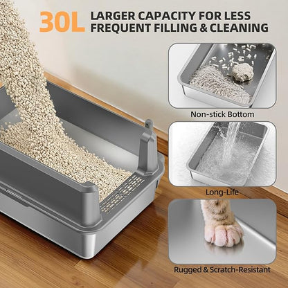 Enclosed Stainless Steel Cat Litter Box with Lid, XL Extra Large Litter Box for Big Cats, Metal Litter Pan High Sided, Never Absorbs Odors, Anti-Urine Leakage, Include Scoop (65-LightGray)