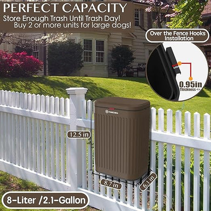 PAWZIDEA Wall Mount Dog Poop Trash Can Outside, 2.1 Gallon Small Dog Waste Bin with Lid, Activated Carbon Odor Control, Waterproof Metal Pet Waste Disposal Container, Fence Hang Poop Proof Garbage Can