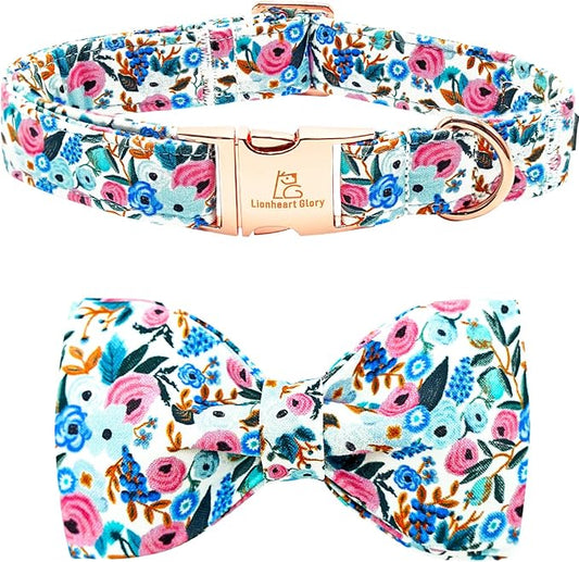 Lionheart glory Dog Collar Bow Collar Floral Dog Collar with Bow Tie Spring Summer Cute Collar Dog Boy or Girl Dog Collars Soft Durable Adjustable Dog Collars for Large Dogs