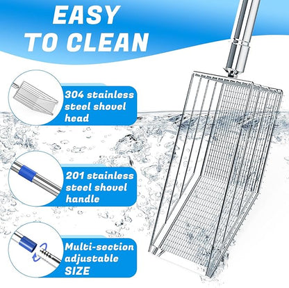 Chicken Poop Scooper, 304 Stainless Steel Shovel Head, 4-in-1 Chicken Litter Scoop with Handle for Chicken Coop & Pet Waste Cleaning, Multifunctional Litter Sifting Shovel(20 to 49")