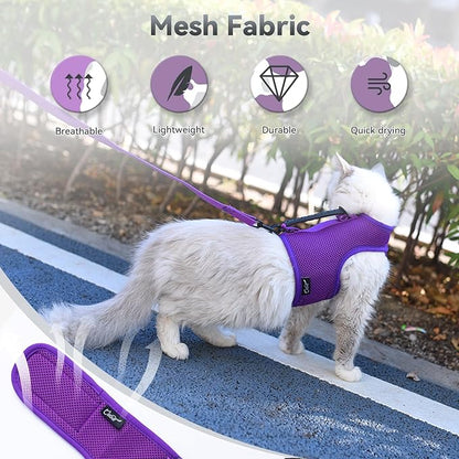 Cat Harness and Leash for Walking Escape Proof Breathable Mesh Fabric, Purple, XX-Large, Adjustable Cat Walking Jackets with Handle, Padded Stylish Cat Vest