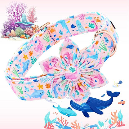 Lionheart glory Dog Collar Flower Collar Pink Dog Collars with Flower Summer Cute Sea Animals Print Collar Dog Female Soft Durable Adjustable Dog Collars for Large Dogs