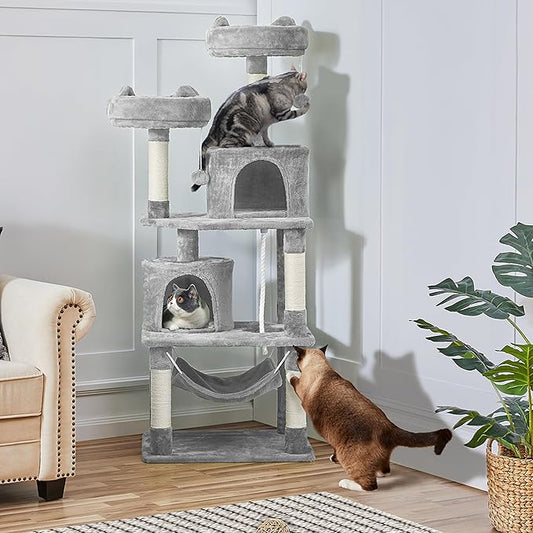 Topeakmart 62.2 inches Cat Tree with Double Condos, Scratching Posts & Hammock, Kitty Activity Tree Center Kitten Play House