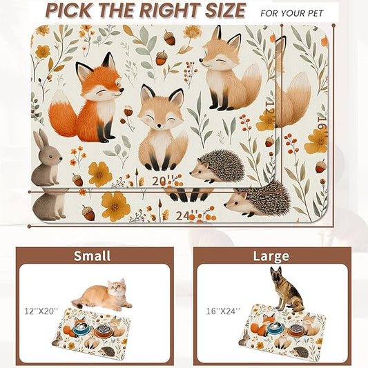 Fox Hedgehog Rabbit Forest Dog Cat Food Mat,Absorbent Pet Feeding Mat with Rubber Backing,Non-Slip Water Bowl Placemat,Indoor Pet Accessories Supplies 12"x20"