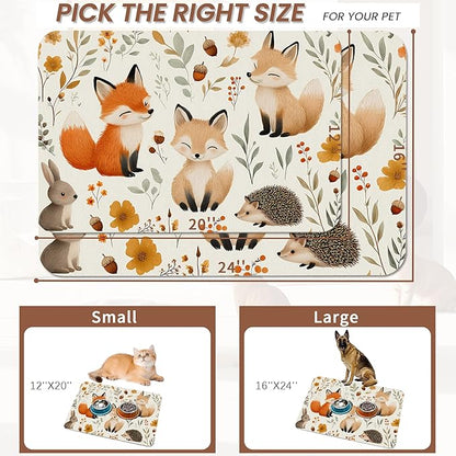 Fox Hedgehog Rabbit Forest Dog Cat Food Mat,Absorbent Pet Feeding Mat with Rubber Backing,Non-Slip Water Bowl Placemat,Indoor Pet Accessories Supplies 16"x24"