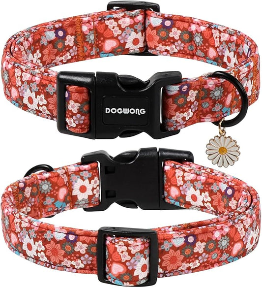 DOGWONG Red Flower Dog Collar, Cute Adjustable Floral Collar, Girl Female Dog Collar with Strong Plastic Buckle for Small Medium Large Dogs,XL