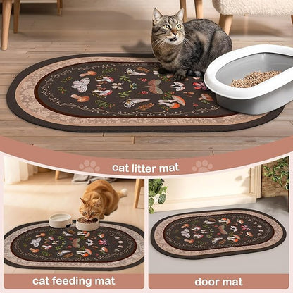 Bienbee Cat Litter Mat, 24" x 15" Litter Box Mat Rug with Non-Slip Bottom,Urine and Water Proof, Easy to Clean Cat Supplies Essentials for Indoor Kitty Kitten Floor, Brown Mushrooms M