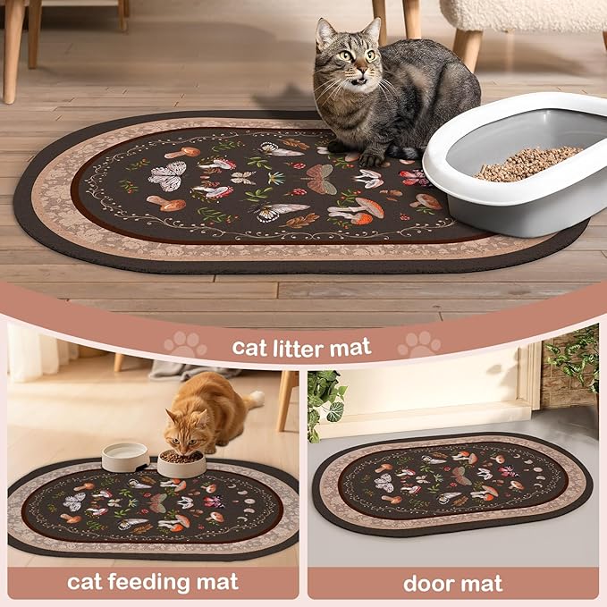 Bienbee Cat Litter Mat, 40" x 30" Jumbo Size Litter Box Mat Rug with Non-Slip Bottom, Urine and Water Proof, Easy to Clean Cat Supplies Essentials for Indoor Kitty Kitten Floor,Brown Mushrooms XL