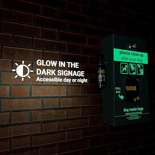 Dog Waste Station Pull Out Bag Dispenser with Hand Sanitizer Bottle - 400 Header Bags Included - Original Glow in the Dark Dog Poop Station Outdoor, Pet Waste Station with Lock and Rain Guard