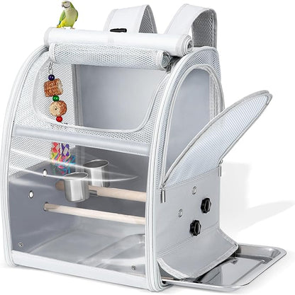 Sanmoncare Bird Carrier Backpack with 2 Adjustable Perches, Water-Repellent Parrot Travel Cage with Stainless Steel Tray, Breathable Pet Carrier for Cockatiels, Conures and Vet Visits