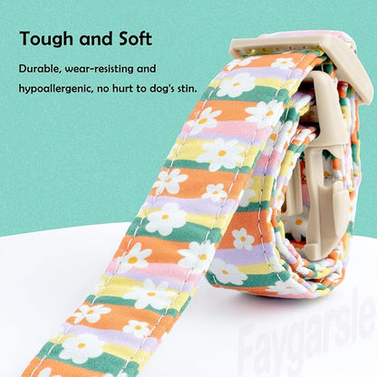 Faygarsle Colorful Floral Dog Collar, Cotton Fabric with Daisy Pattern, Multi-Color Stripes Spring Summer Design for Small Medium Large Dogs S