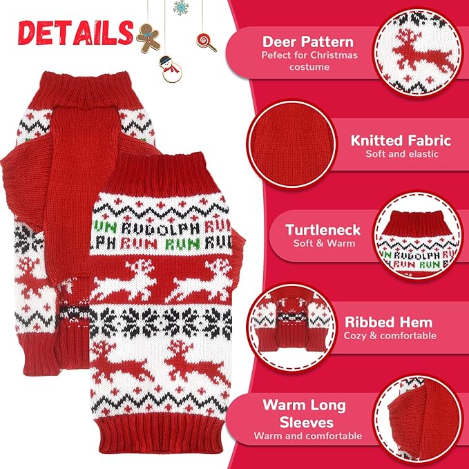 Dog Christmas Sweater Xmas Pet Clothes Cute Reindeer Christmas Dog Costume Outfits Holiday Knitwear Puppy Cat Jumpers New Year Gifts for Small Medium Large Dogs(Red Runing Deer,S)