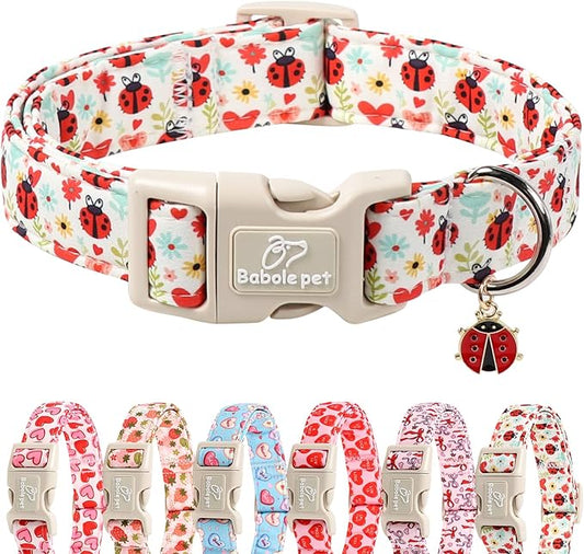 Ladybug Dog Collar for Large Dogs - Cute Spring/Summer Dog Collar, Lightweight Adjustable Cartoon Love Bug Garden Mom Dogs Collars with Quick Release Buckle XL