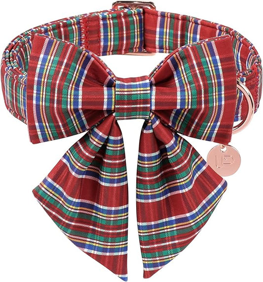 Christmas Plaid Dog Collar with Bow, Red and Blue Check Adjustable Pet Collar with Quick Release, Christmas Stripes Bowtie Collar for Small Medium Large Dogs L