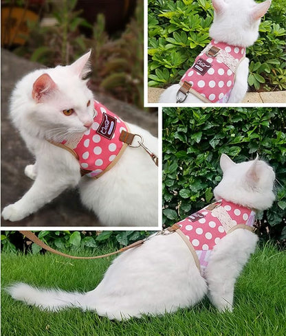 Cat Harness and Leash for Walking Escape Proof, Adjustable Cat Vest Harness, Padded Stylish Cat Walking Jackets, Polka Dot Pink, Medium