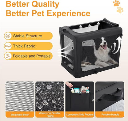 Dog Travel Crate 24 Inch, Portable Soft-Sided Travel Carriers for Dogs and Cats, Foldable Pet Kennel with 3-Doors Mesh Windows Indoor & Outdoor, Black