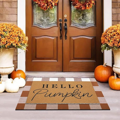 Tinideya 2 Pcs Door Mat Welcome Non Slip Coir Mats Floor Layering Doormats Seasonal for Front Porch Entryway Decor(Brown White Plaid)