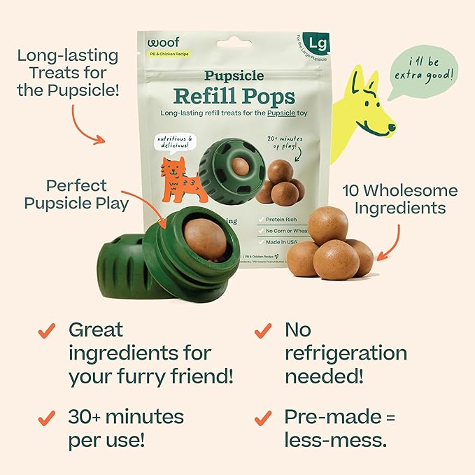 WOOF Pupsicle Refill Pops, Delicious Long Lasting Dog Treats, Pre-Made Pupsicle Refills for Dogs, Wholesome Ingredients, Low-Mess Chicken Pet Treats - Large Pops - 7 Count - 3 Pack