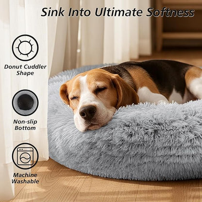 JOLLYVOGUE Calming Dog Bed Medium Size Dog, Anti-Anxiety Donut Medium Dog Bed, 31 inches Fluffy Faux Fur Cushion Bed for Dogs and Cats, Fits up to 45 lbs Pets (Smoke Grey)