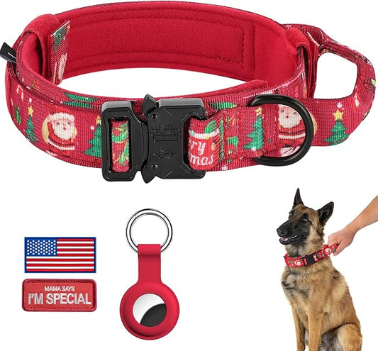 DAGANXI Christmas Tactical Dog Collar, Adjustable Military Training Nylon Dog Collar with Control Handle and Metal Buckle for Medium and Large Dogs, with Patches and Airtags Case (L, Christmas red)